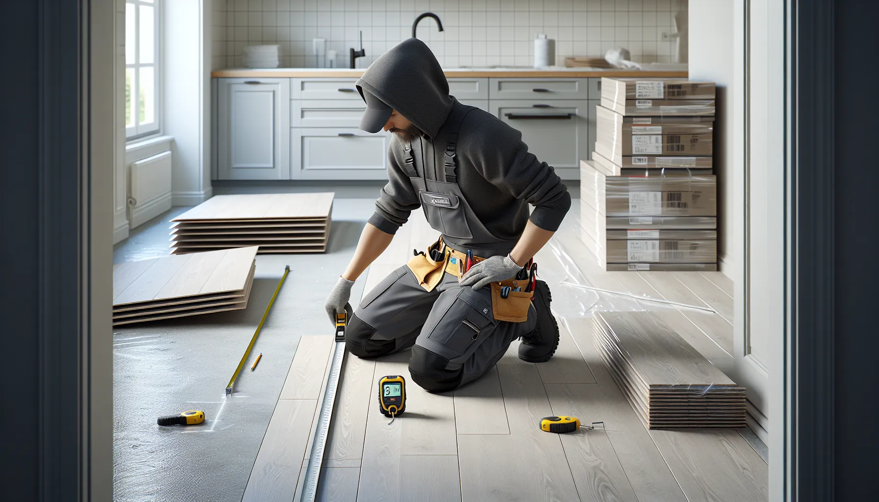 Installer checks subfloor flatness and moisture before laying laminate in norway.