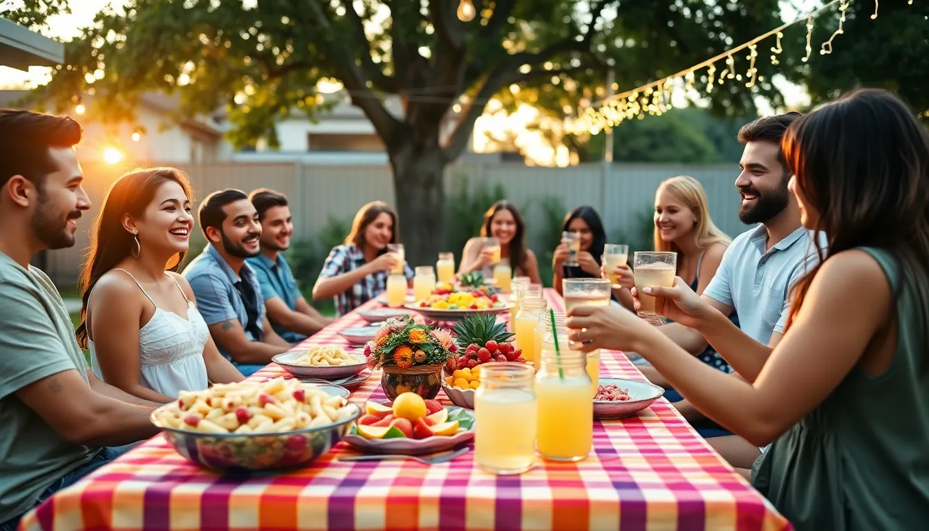 a diverse group of friends celebrating a thrifty event in a backyard.
