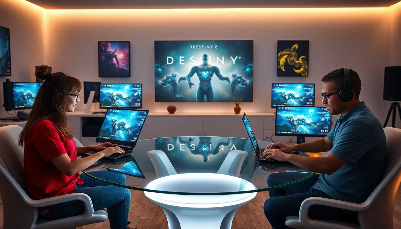 diverse team of gamers collaborating in a modern gaming room.