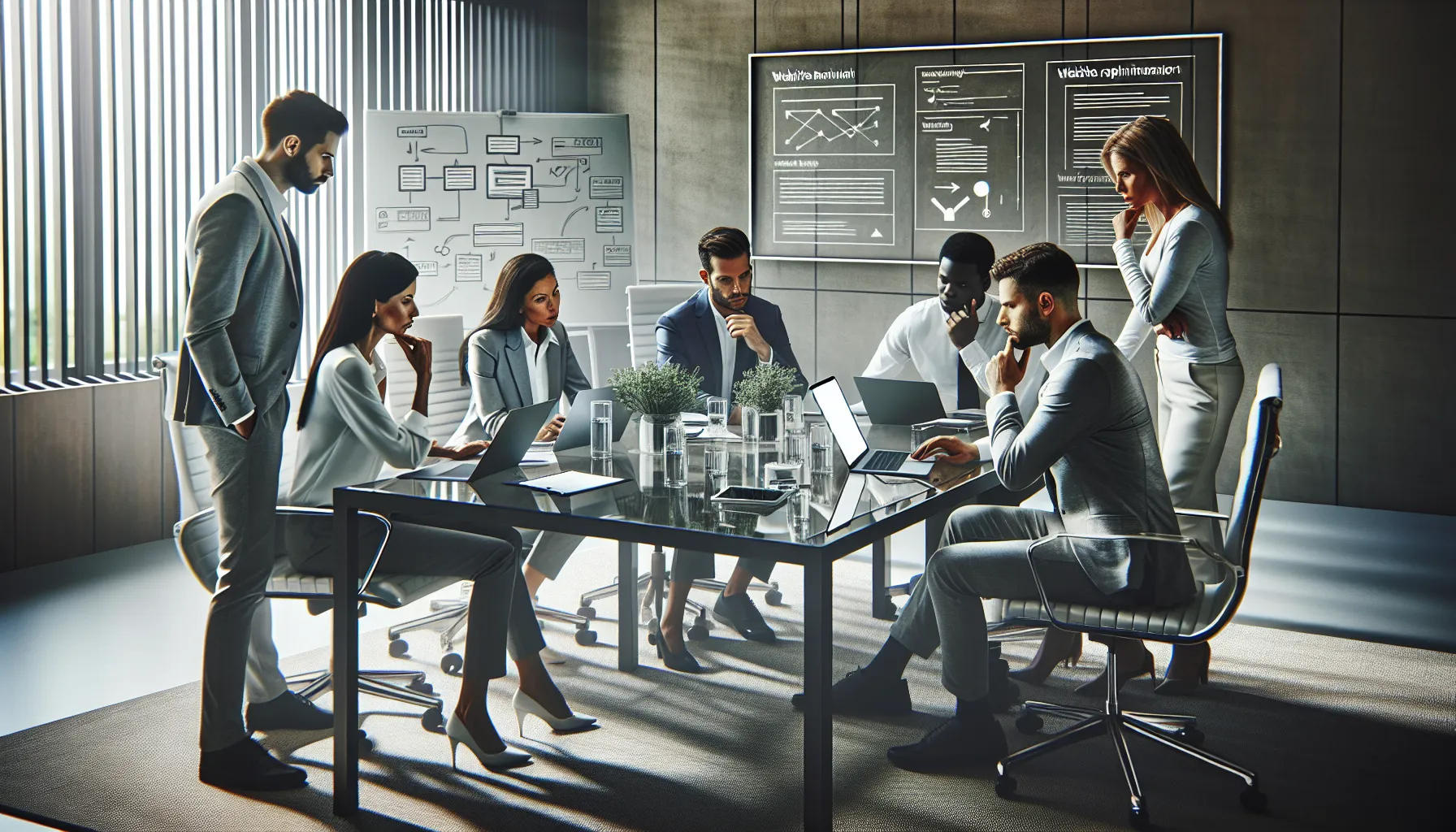 team discussing website upgrades and troubleshooting in a modern office.