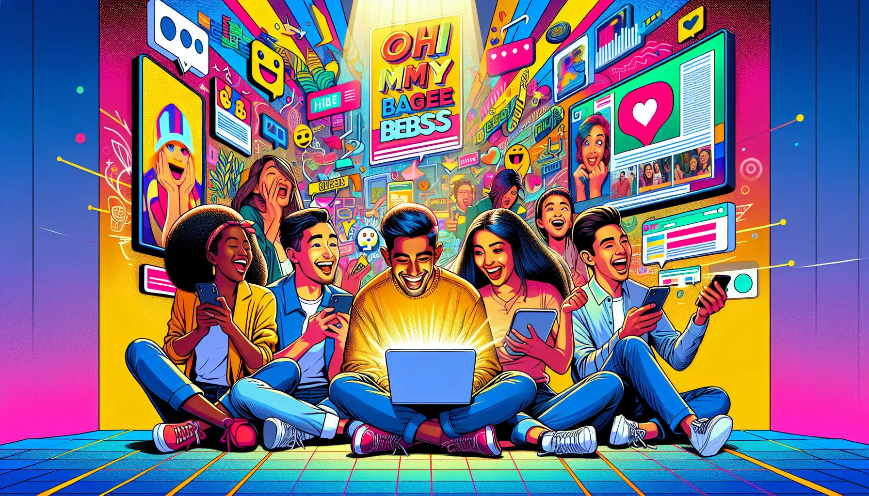 young professionals reacting joyfully to internet memes in a bright workspace.