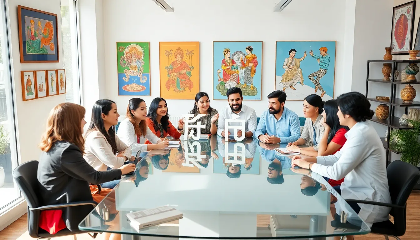 diverse professionals discussing cultural concepts in a modern office.