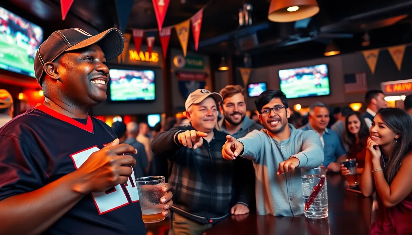 Fans celebrating and watching a football game in a lively sports bar.