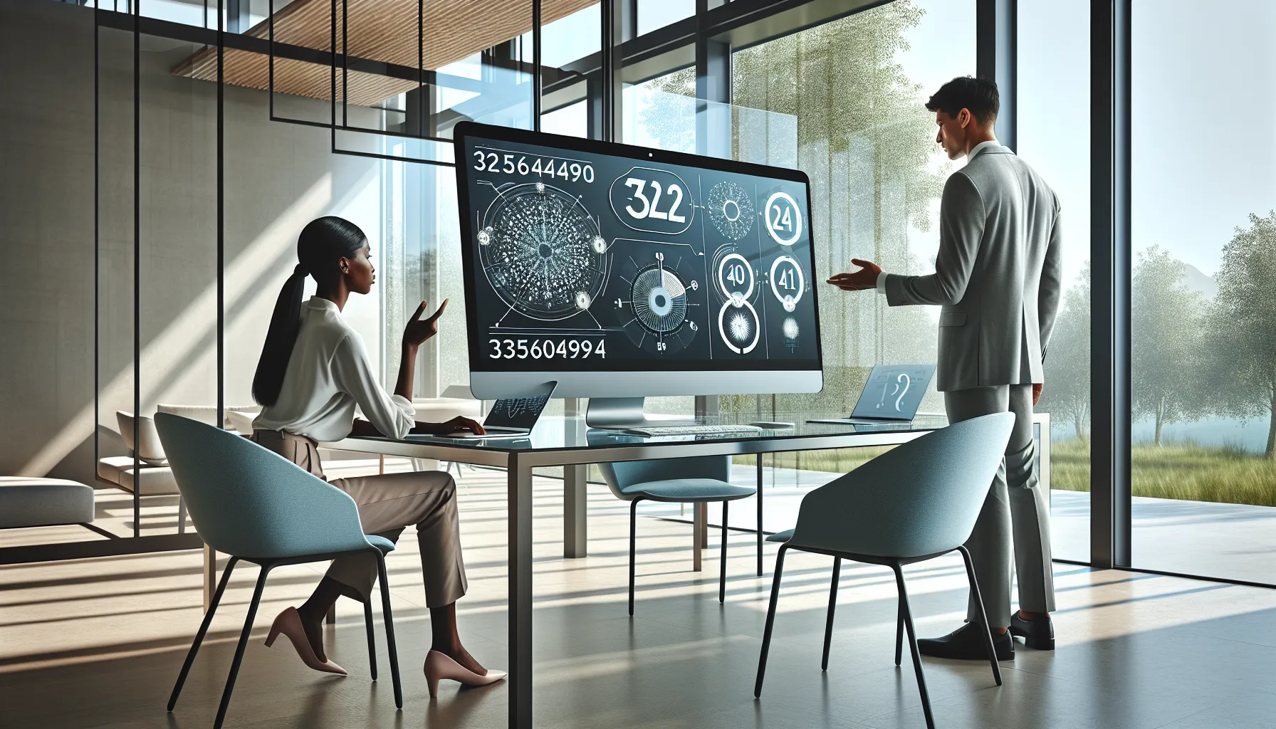 two professionals discussing numerology in a modern office.