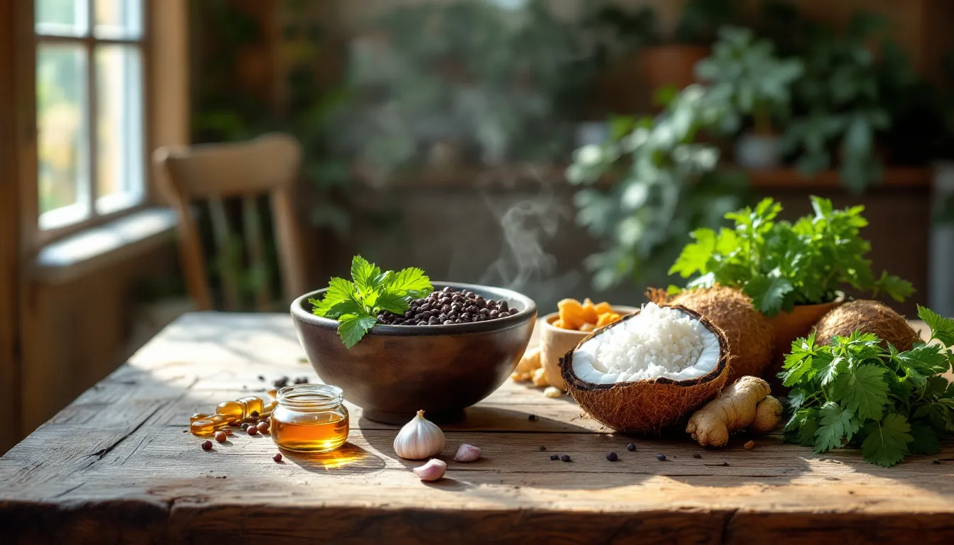 Heating and cooling Ayurvedic foods arranged on a sunlit wooden table.