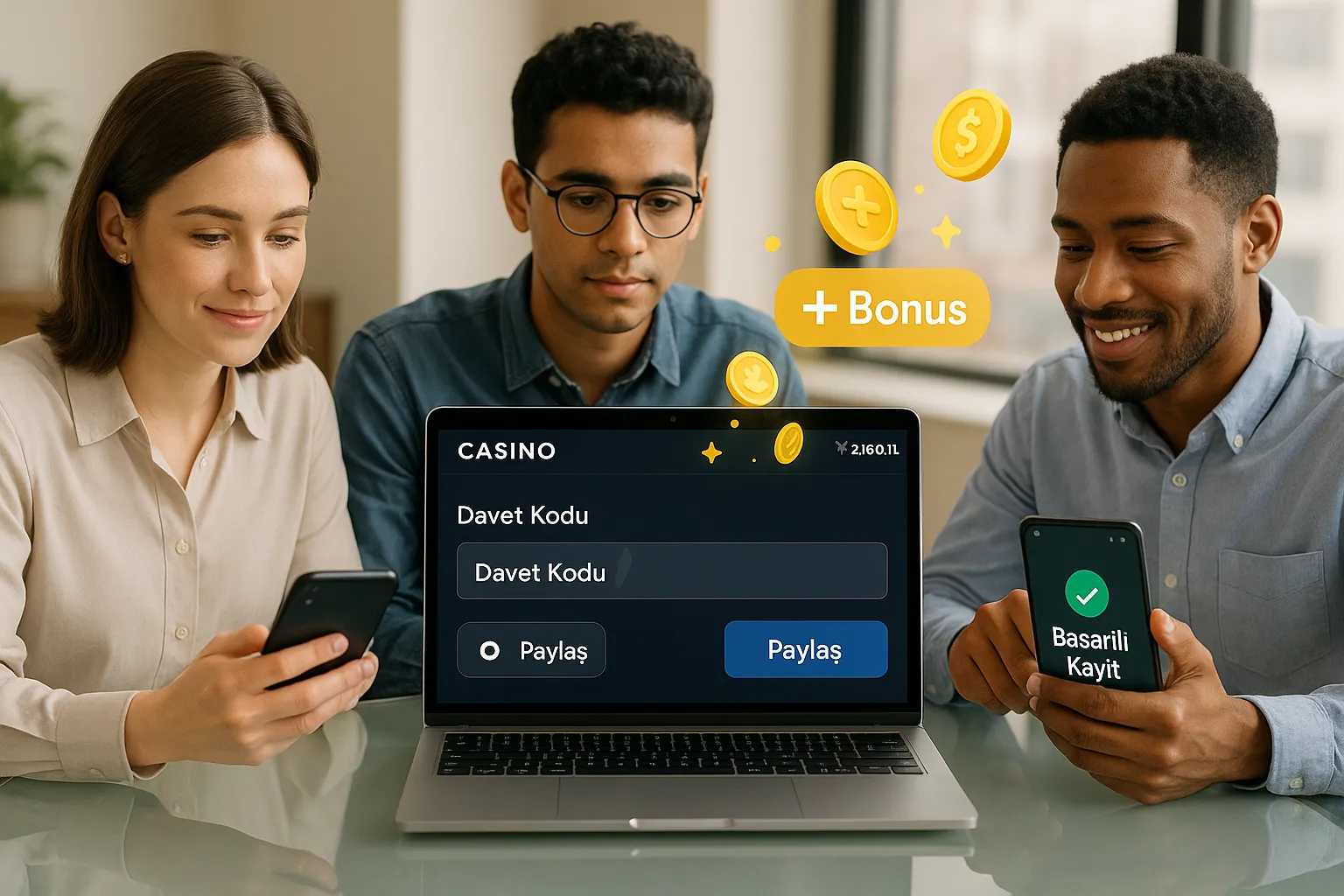 Three people sharing a referral link on devices with casino bonus notifications.