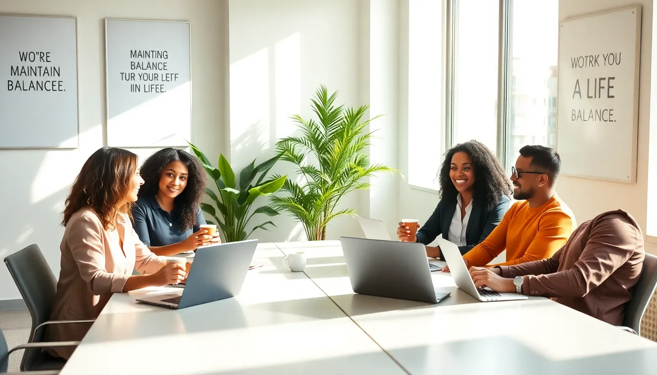 diverse team discussing work-life balance in a modern office.