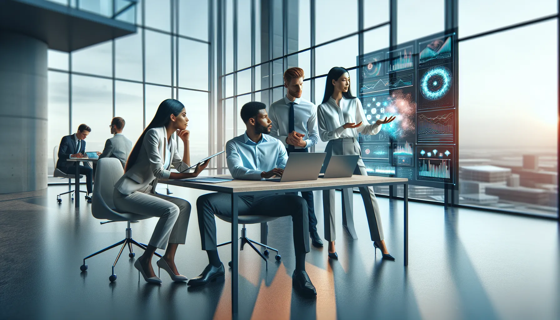 professionals collaborating on Gfxrobotection AI software in a modern office.