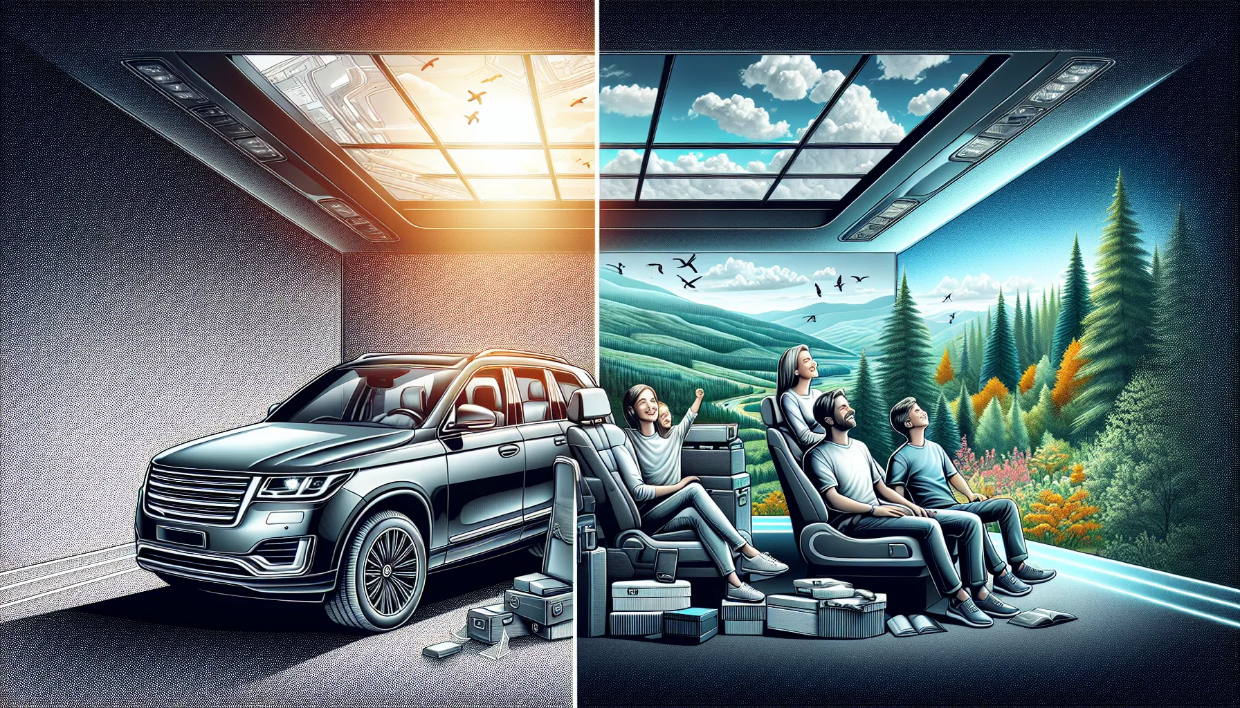 A car shows a moonroof beside another displaying a sunroof operation.