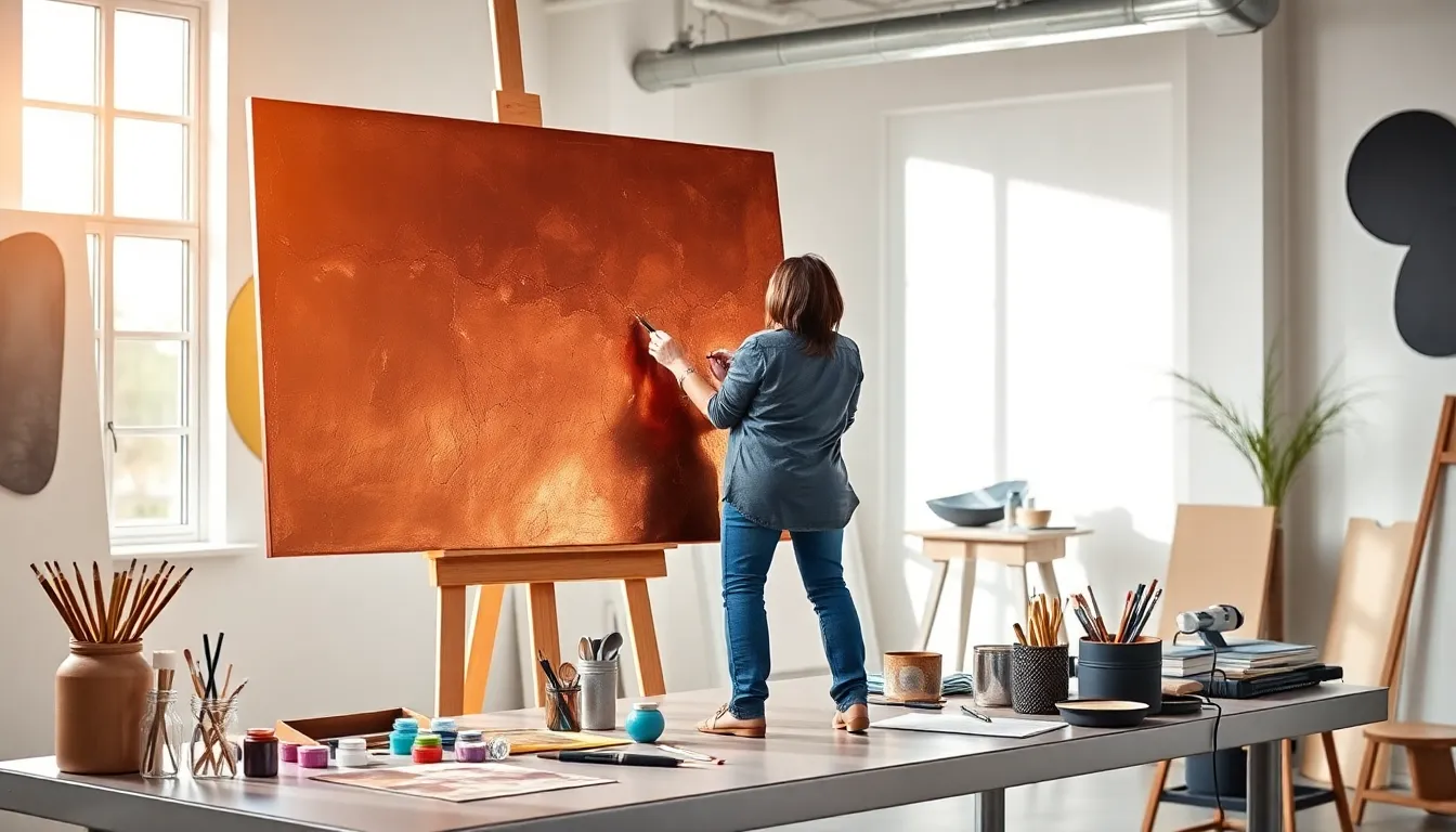 artist painting on a copper canvas in a modern studio.