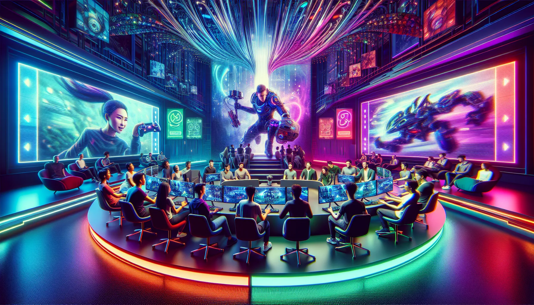 diverse gamers engaged in a lively eSports event in a modern setting.