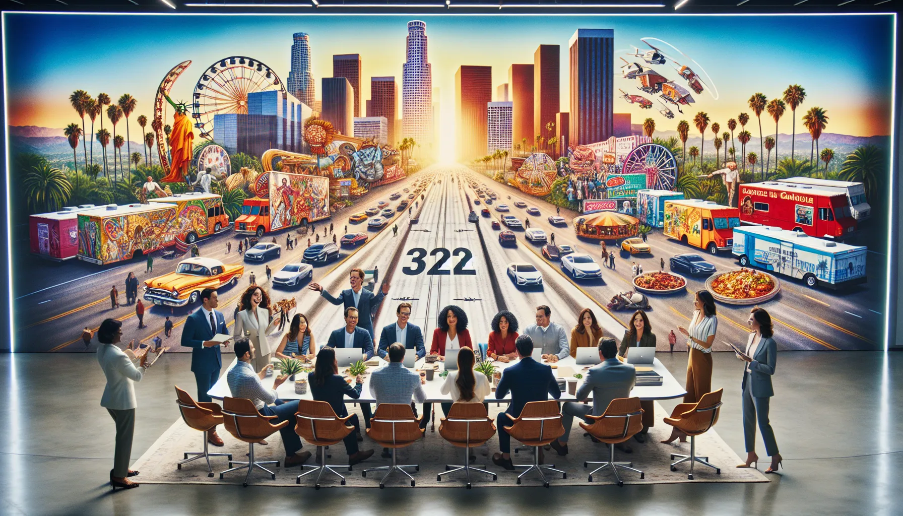 diverse professionals in a vibrant Los Angeles workspace representing area code 323.