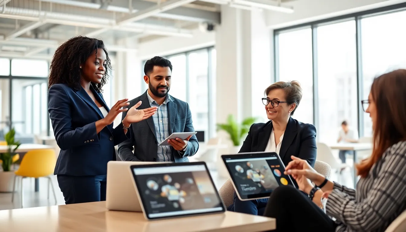 diverse professionals collaborating in a modern office setting.