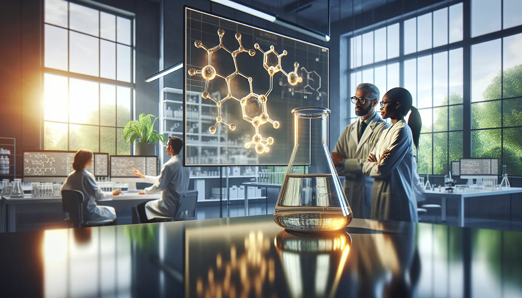 scientists examining chemical structure in a modern lab.