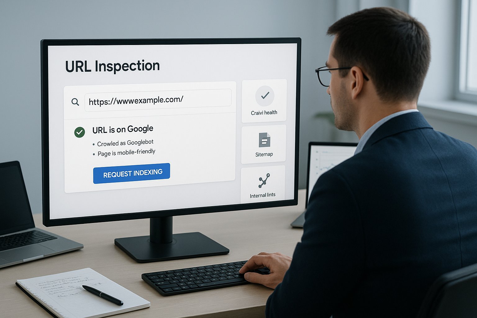 SEO professional submitting a URL for indexing on a desktop monitor.