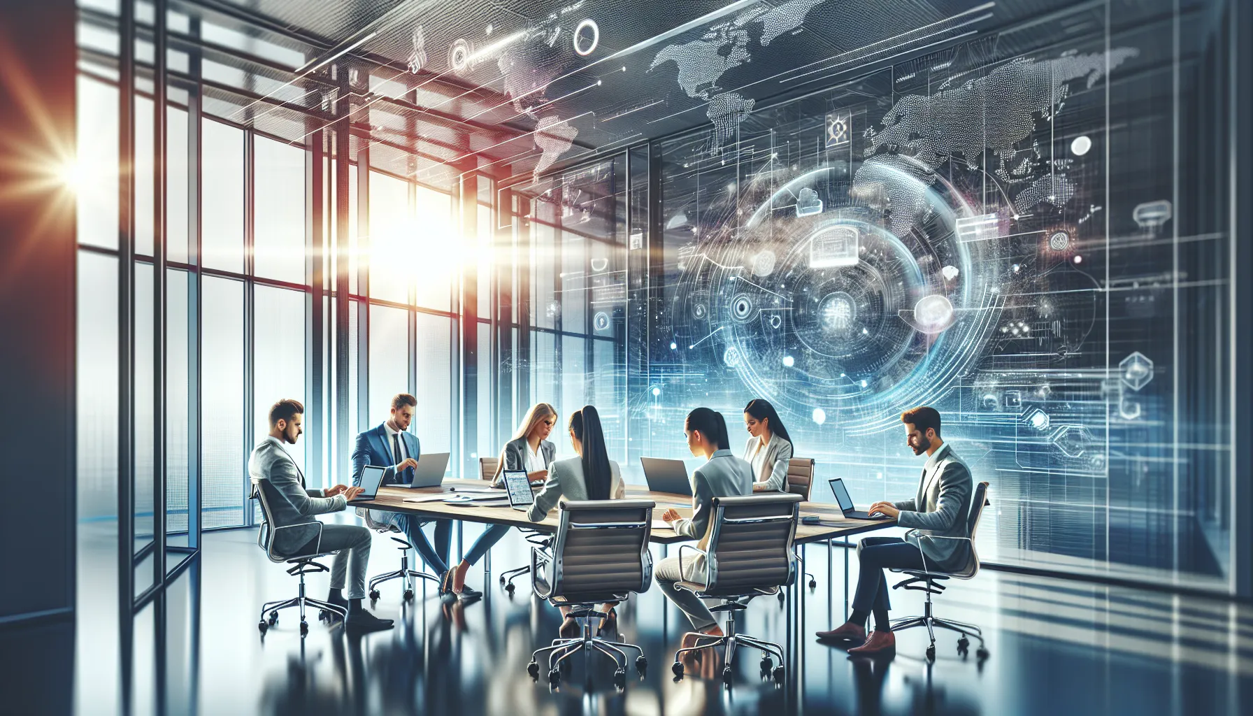 diverse team collaborating with innovative software in a modern office.