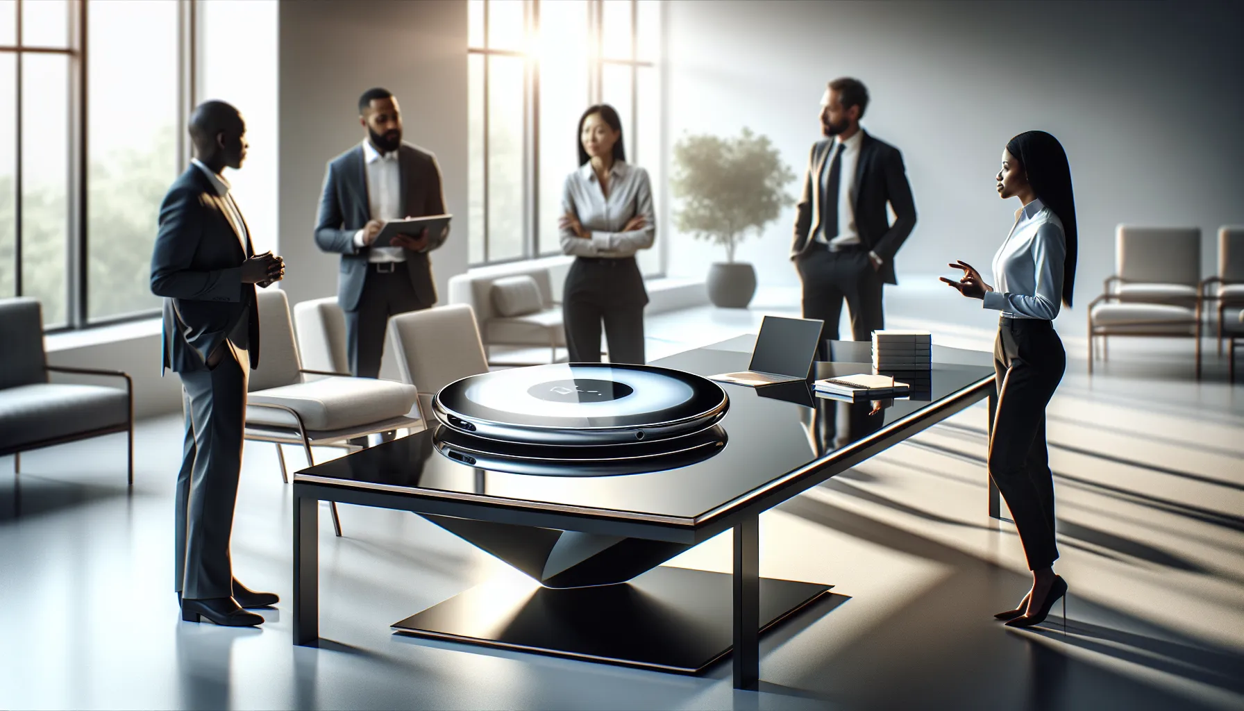 Diverse professionals discussing the Model Xupikobzo987 in a modern office.