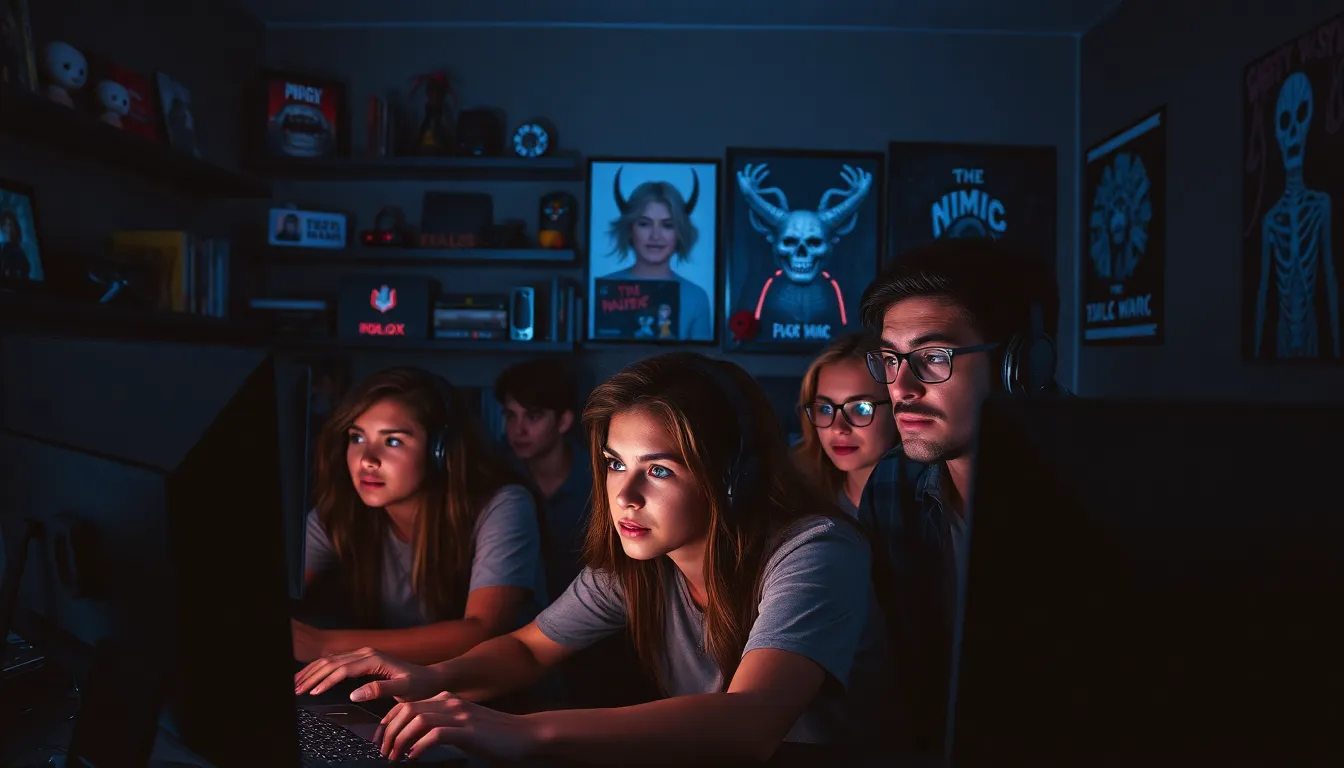 a group of gamers engaged in scary horror games in a dimly lit room.