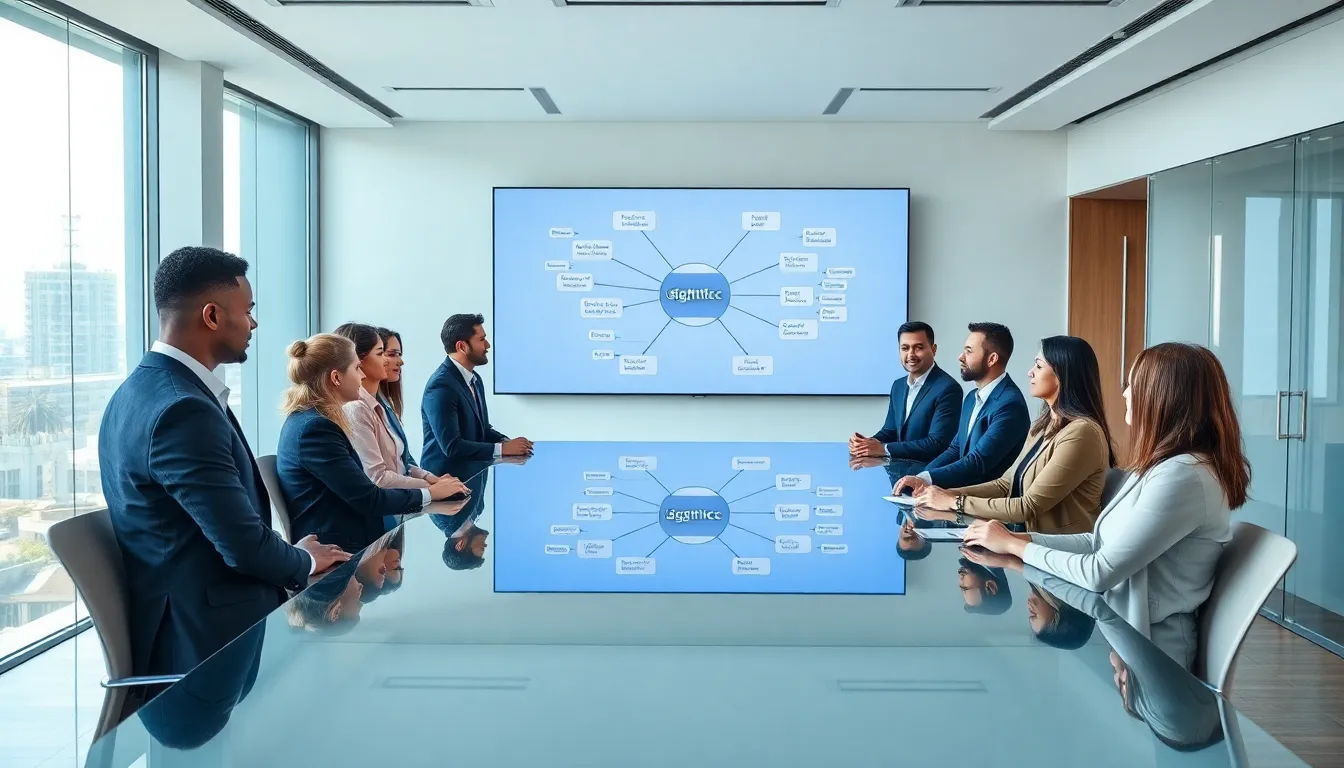 diverse professionals discussing complex ideas in a modern office.