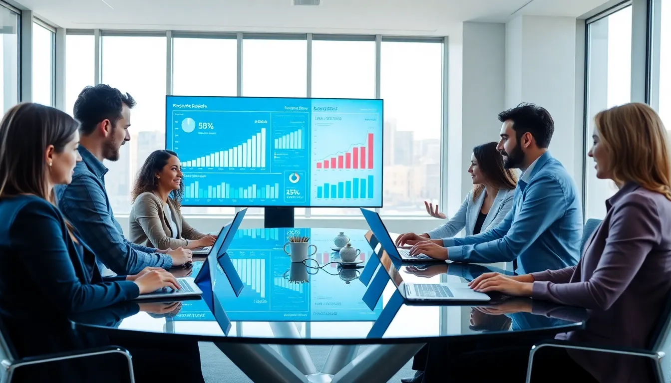 diverse team discussing corporate budgeting software in a modern office.