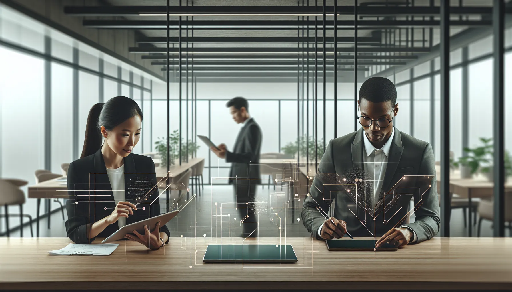 modern workspace with the Drewser3870 and diverse professionals collaborating.