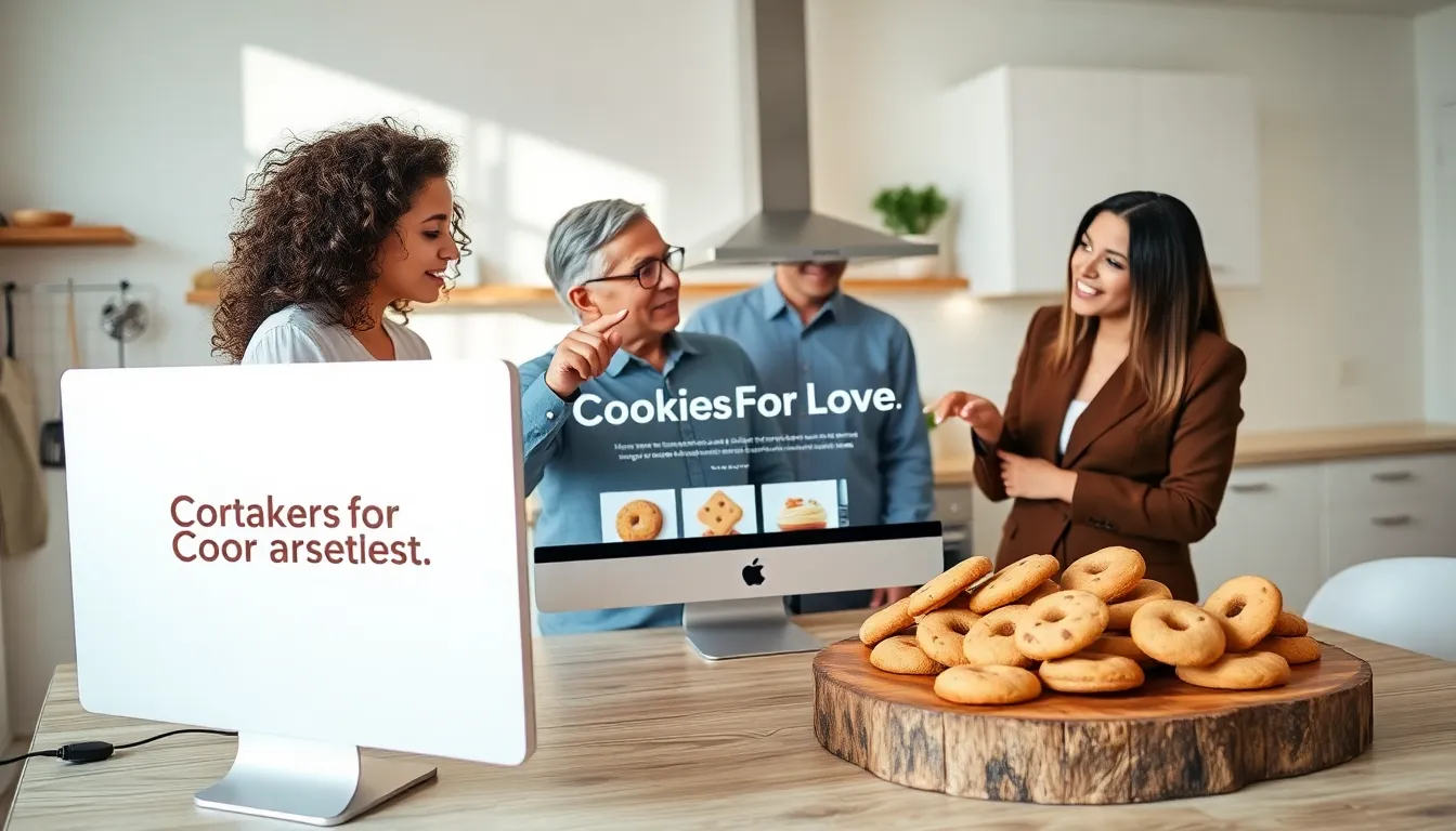 professionals discussing cookies in a modern kitchen workspace.