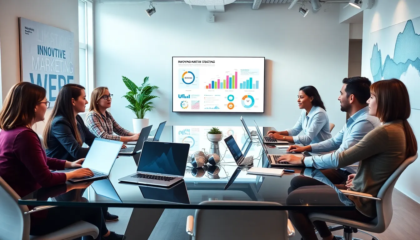 diverse team collaborating on marketing strategies in a modern office.