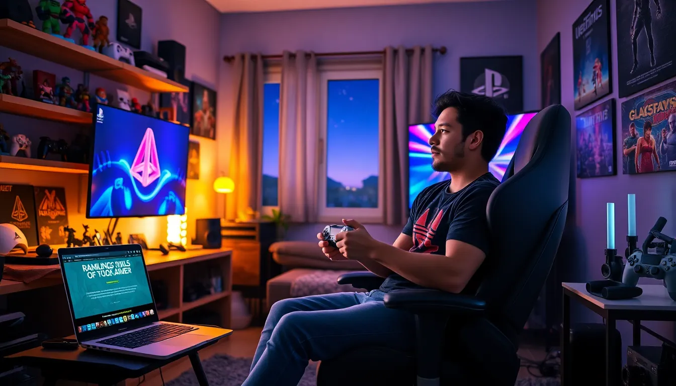 a gamer in a cozy room engaged with a PlayStation and computer.
