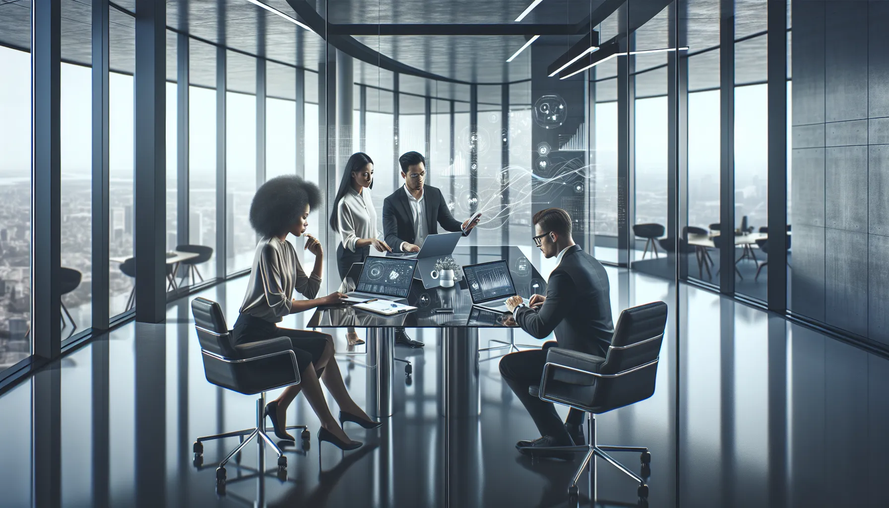 diverse team collaborating in a sleek modern office setting.