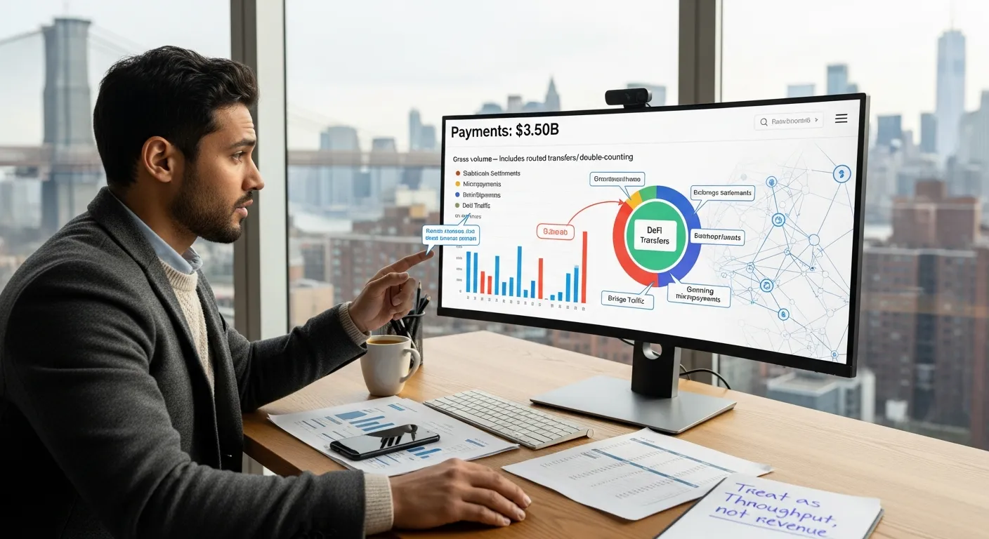 Analyst pointing at monitor showing a $3.50B payments breakdown dashboard.