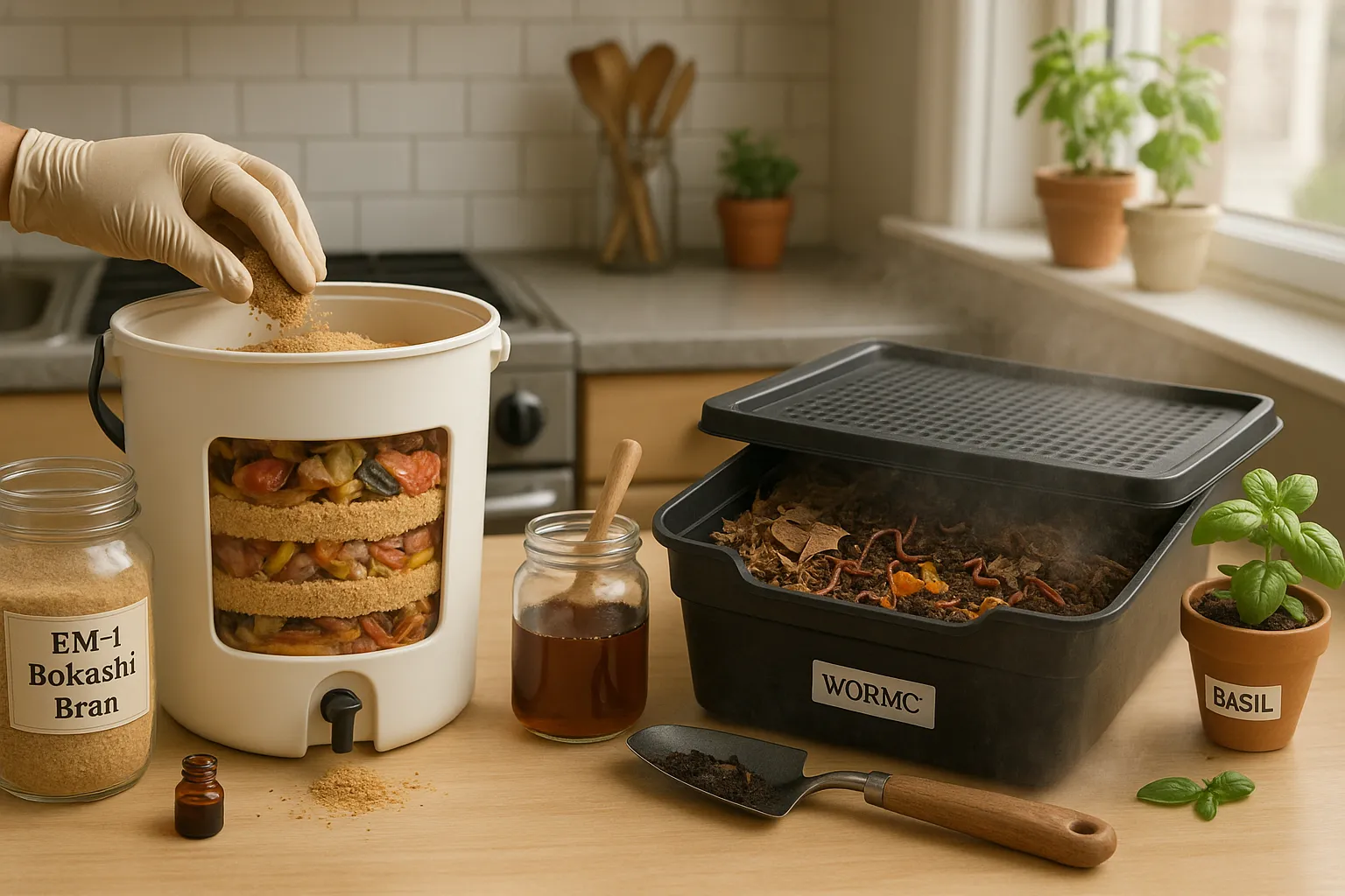 Countertop showing bokashi bucket and vermicompost bin side by side.