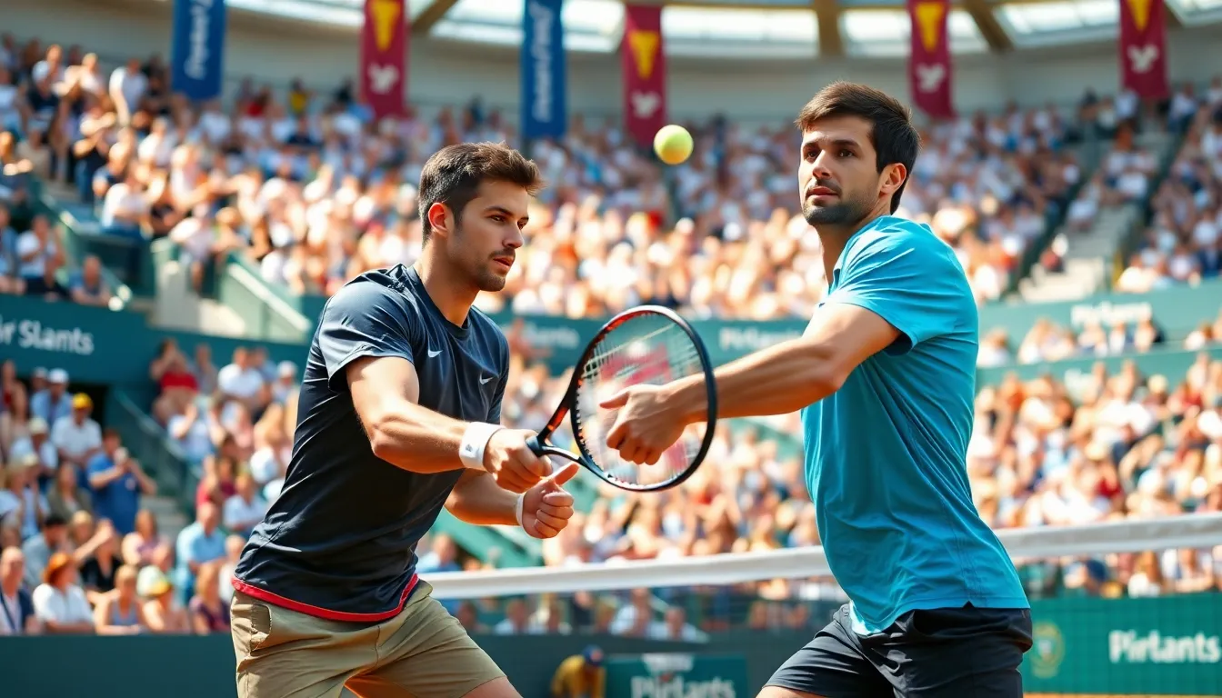 intense tennis match between Medvedev and Djokovic at a Grand Slam.