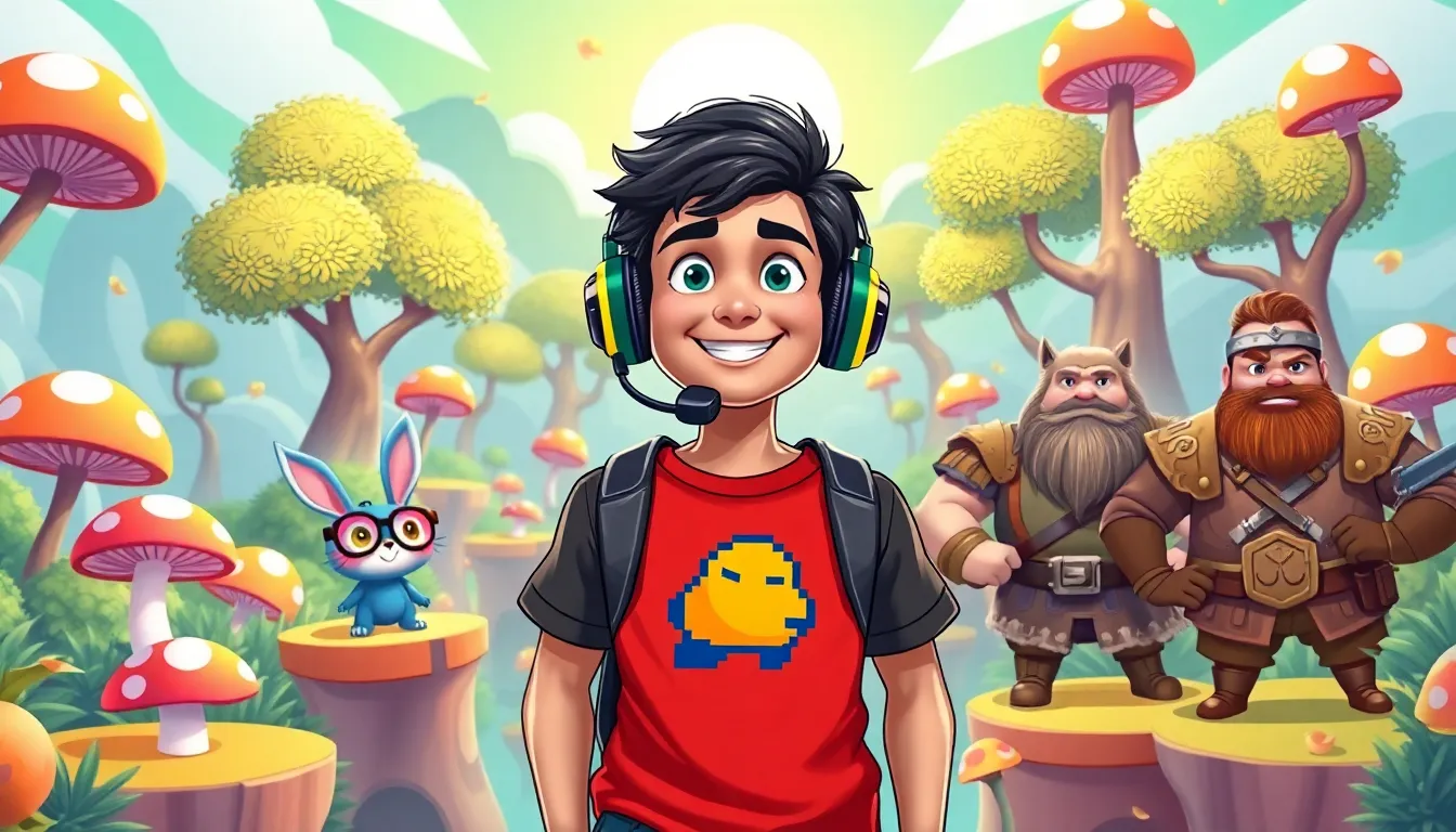 Larry Nando and quirky characters in a colorful gaming landscape.