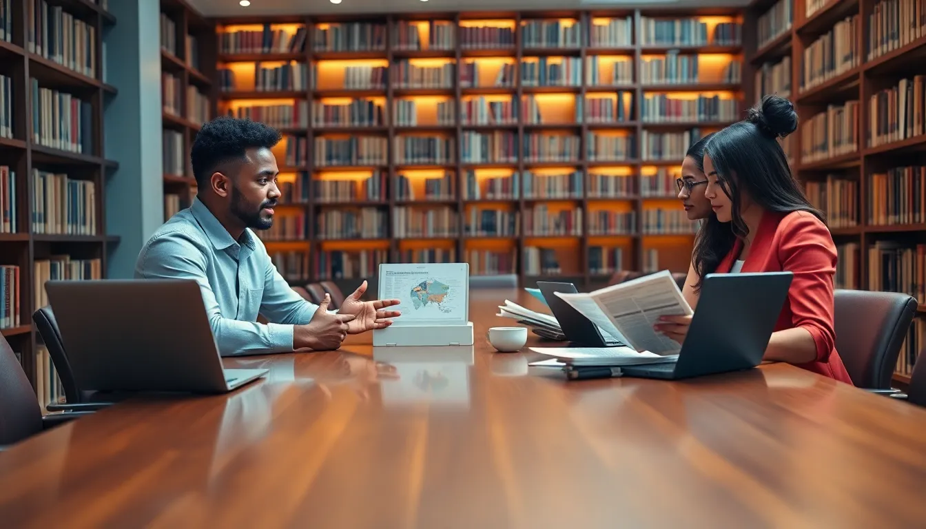 diverse professionals discussing world news in a modern library setting.