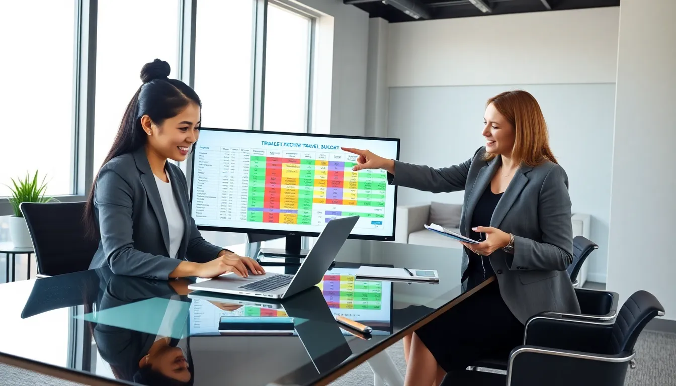 team collaborating on a travel budget spreadsheet in a modern office.