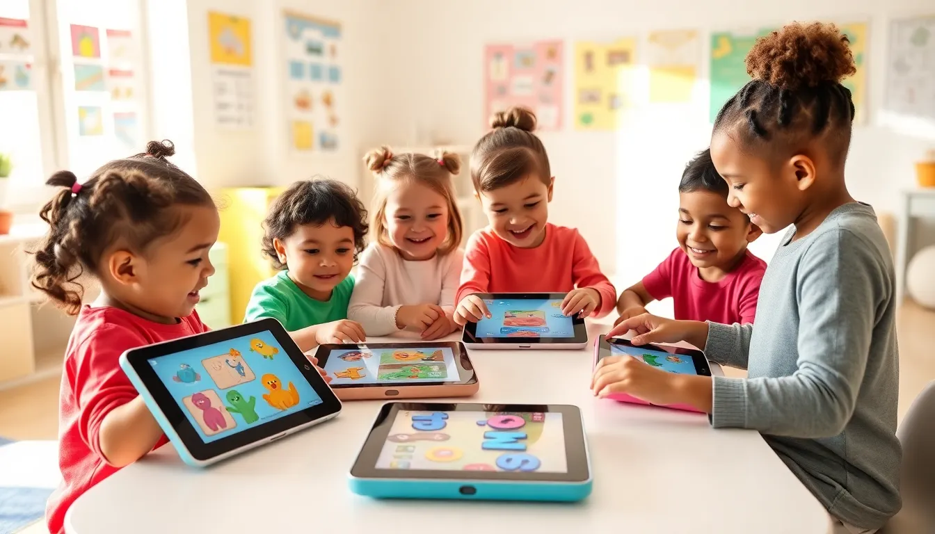toddlers engaging with educational apps in a bright classroom.