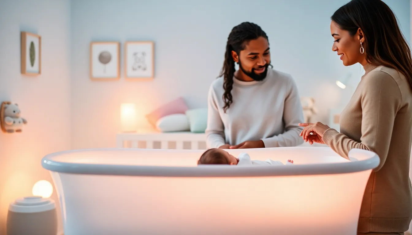 parents discussing tips in a serene nursery with a bassinet.