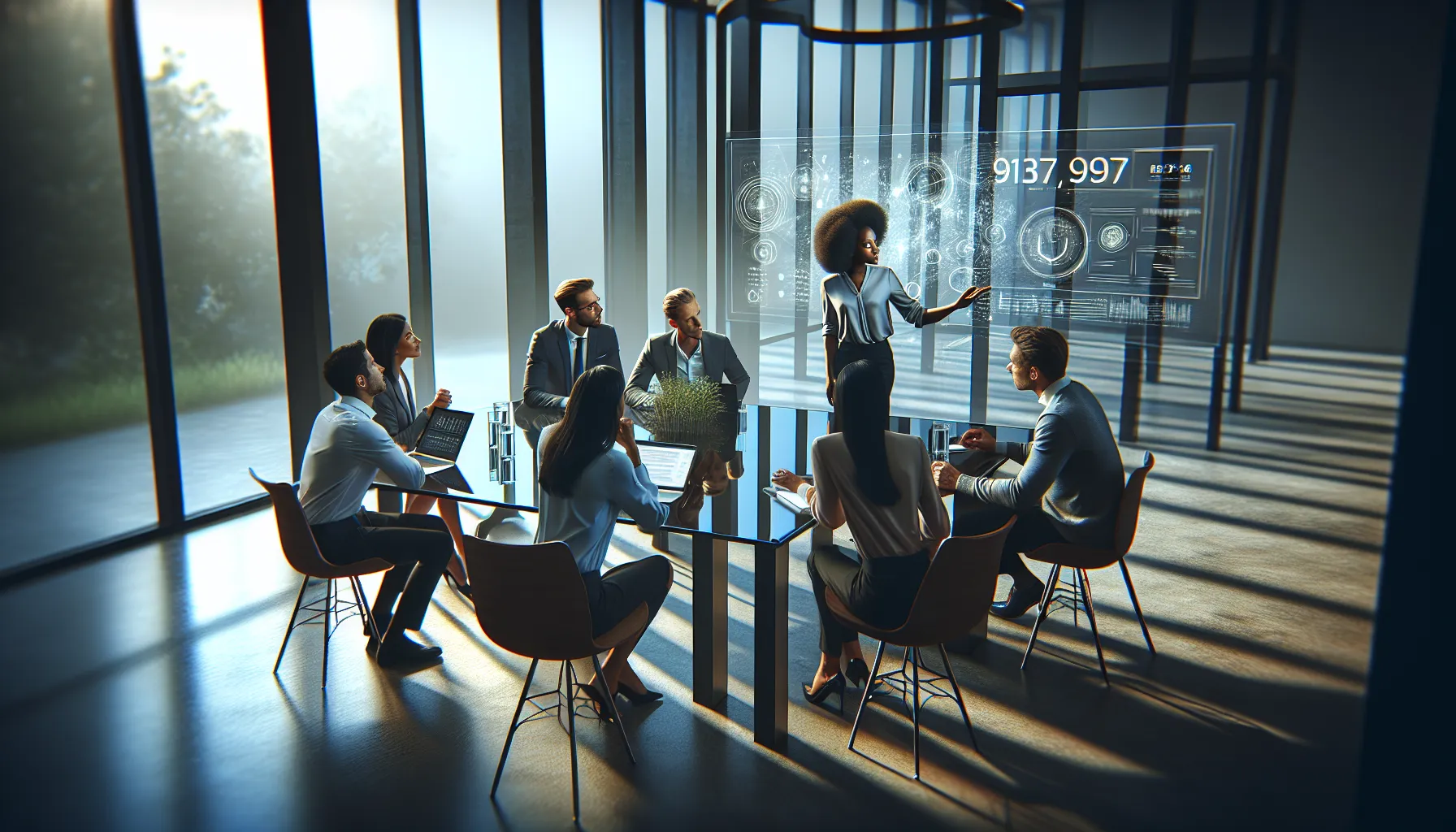 diverse professionals discussing applications of a unique number in a modern office.