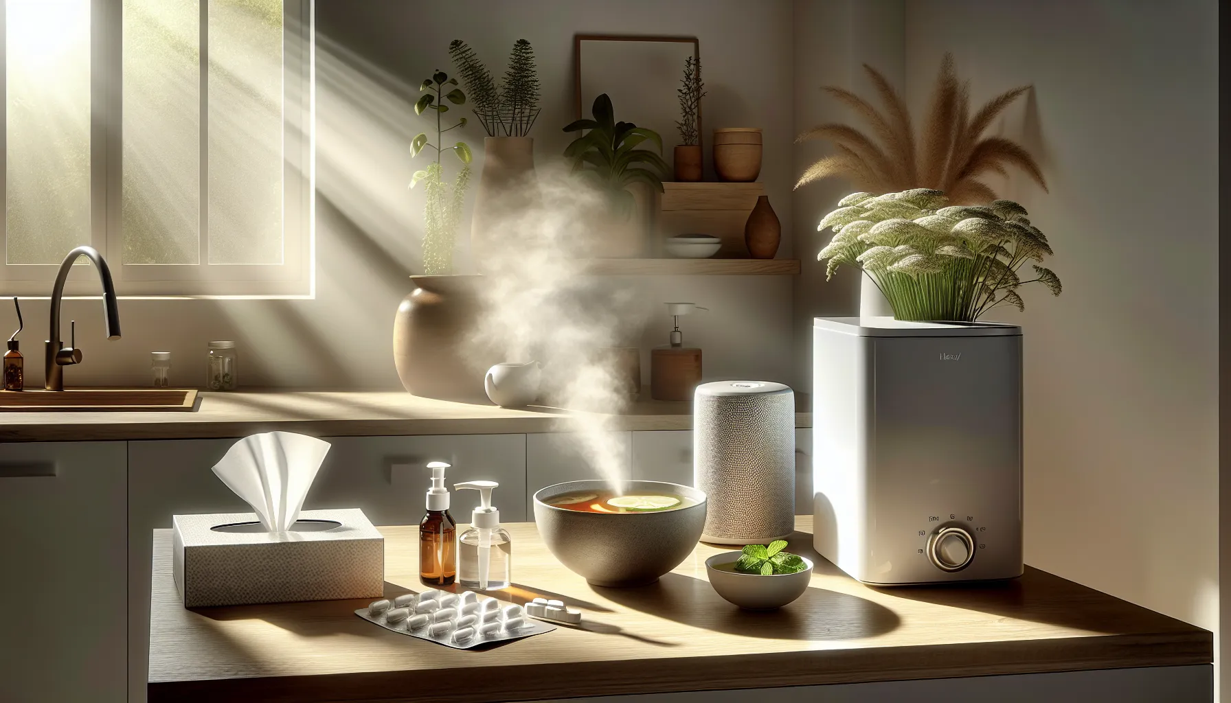 A kitchen counter with teas, broths, and medicines for health care.