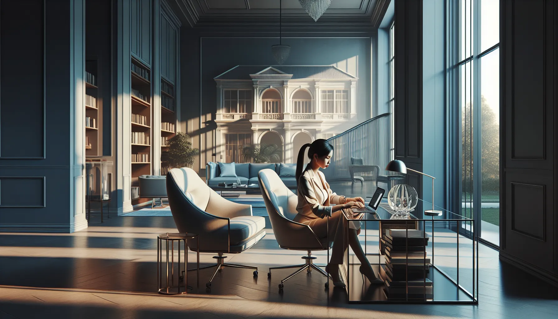 woman writing in a modern office reflecting a suspenseful book theme.
