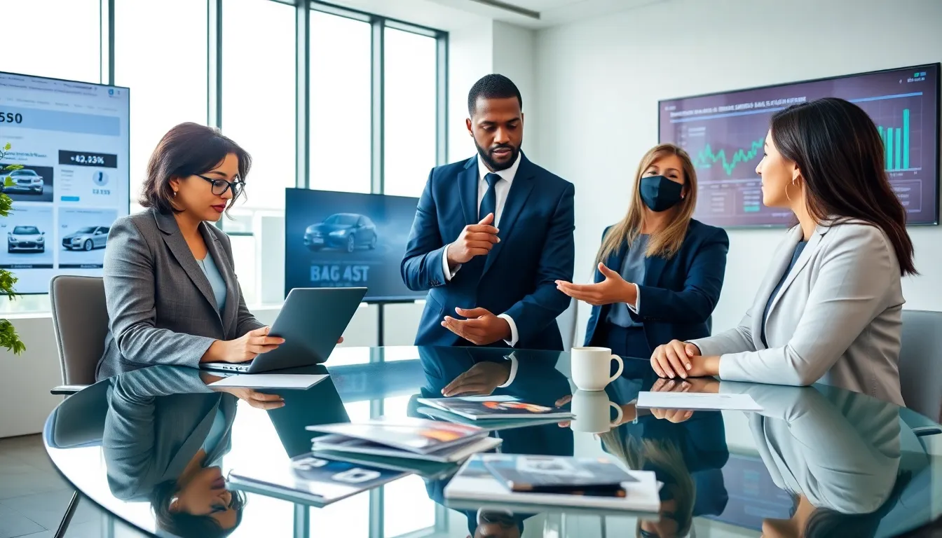 diverse auto brokers collaborating in a modern office setting.