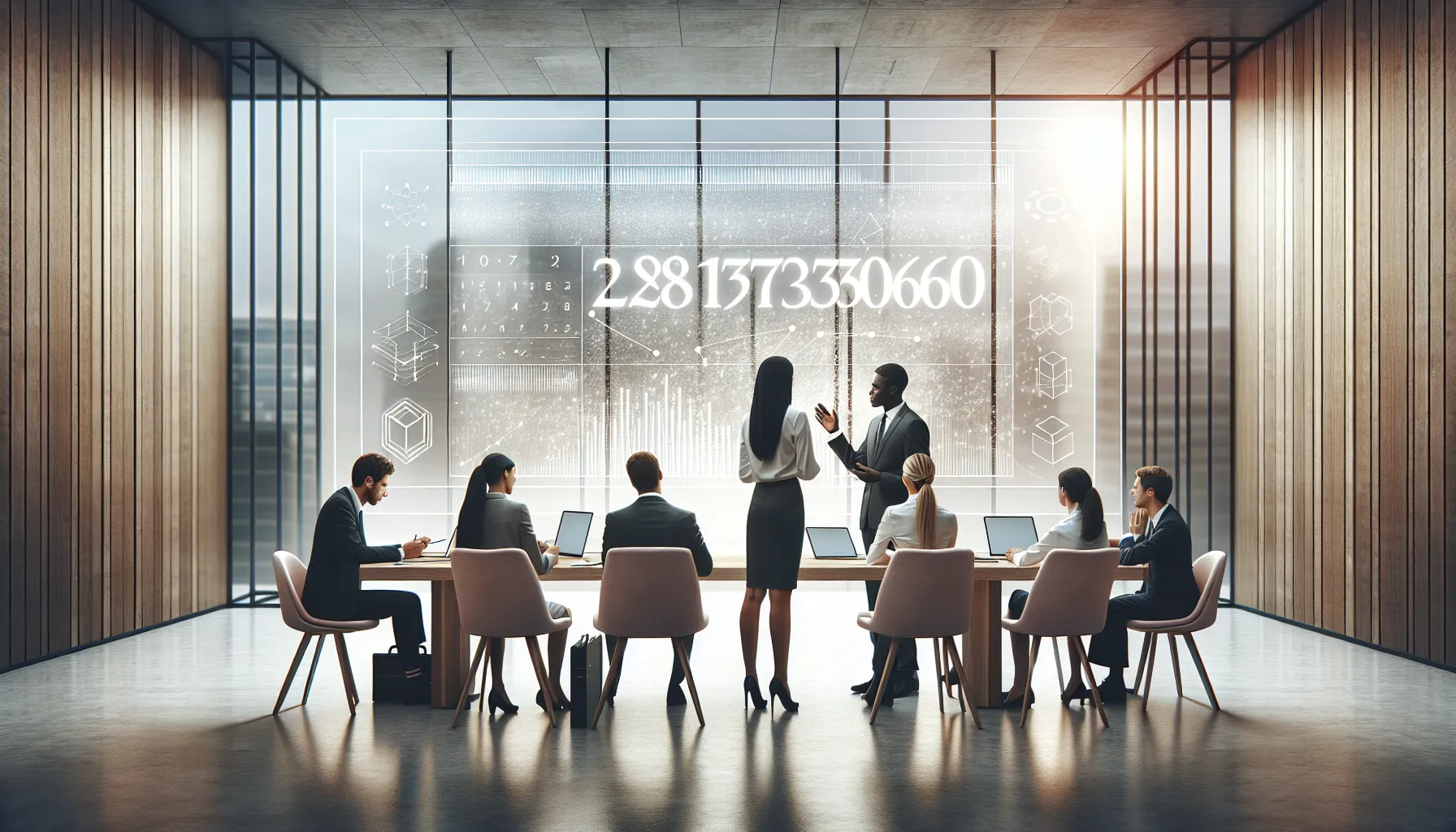 diverse team discussing the significance of a number in a modern office.