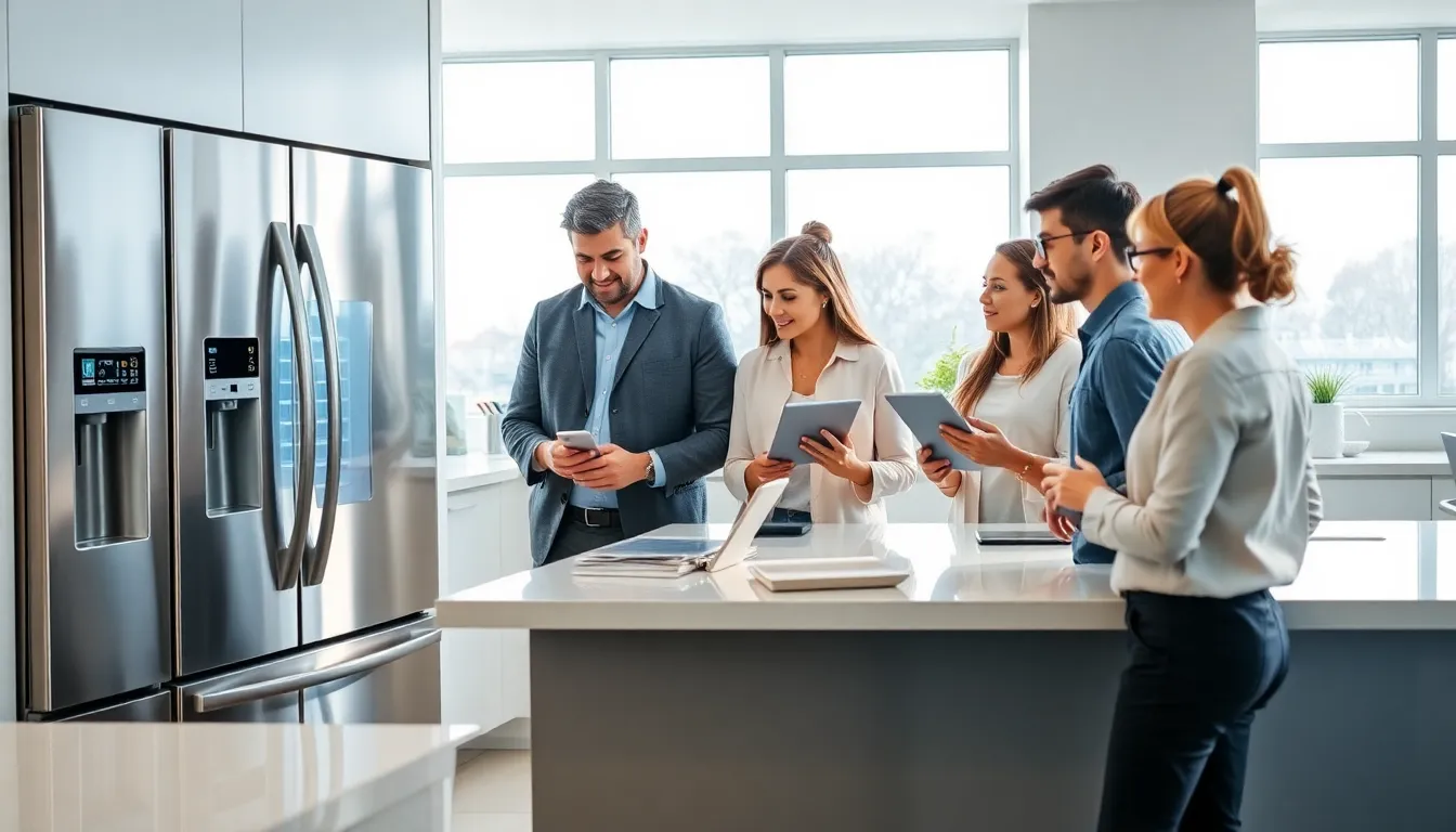Professionals discussing innovative home appliances in a modern kitchen.