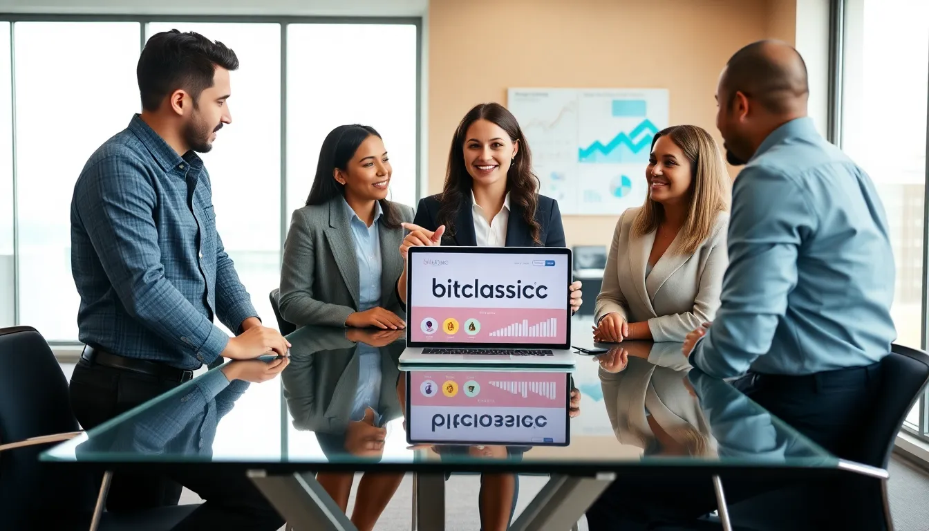 diverse team discussing digital solutions in a modern office.