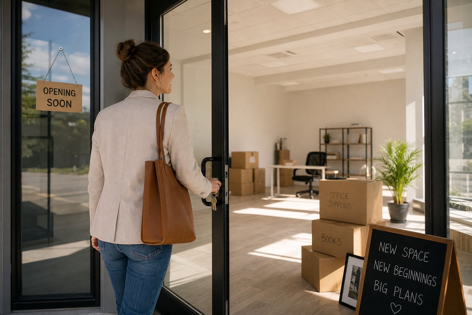 Business owner entering newly acquired commercial premises with keys and office furniture ready to move in.