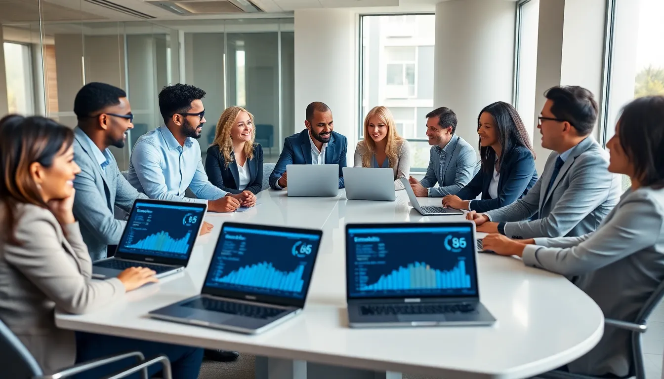 diverse team discussing Emwatki6 in a modern office.
