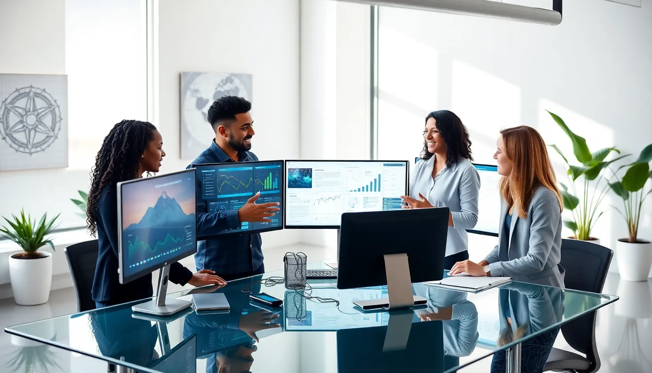 diverse team discussing tech applications in a modern office.