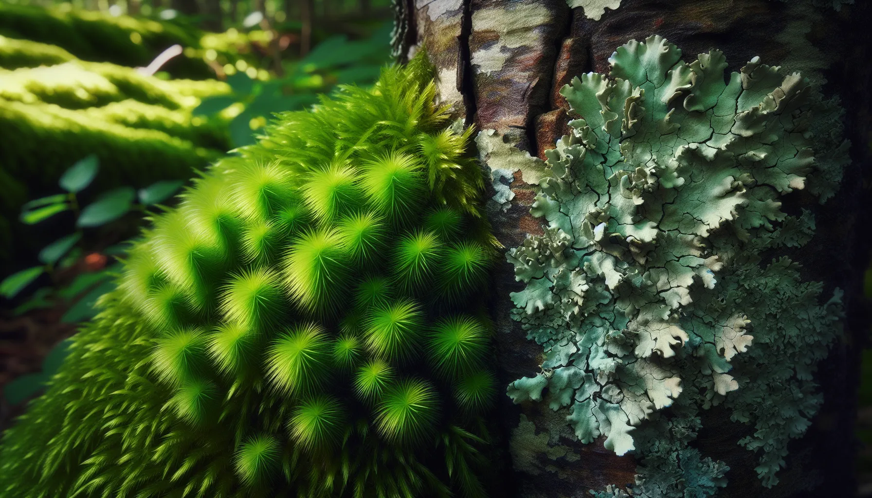 Moss growing on a rock next to lichen on tree bark in a forest.