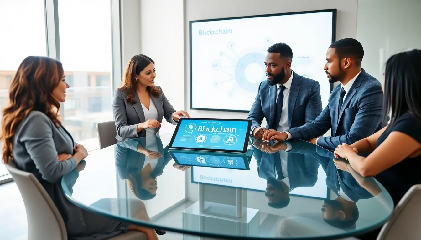 diverse team discussing blockchain technology in a modern office.