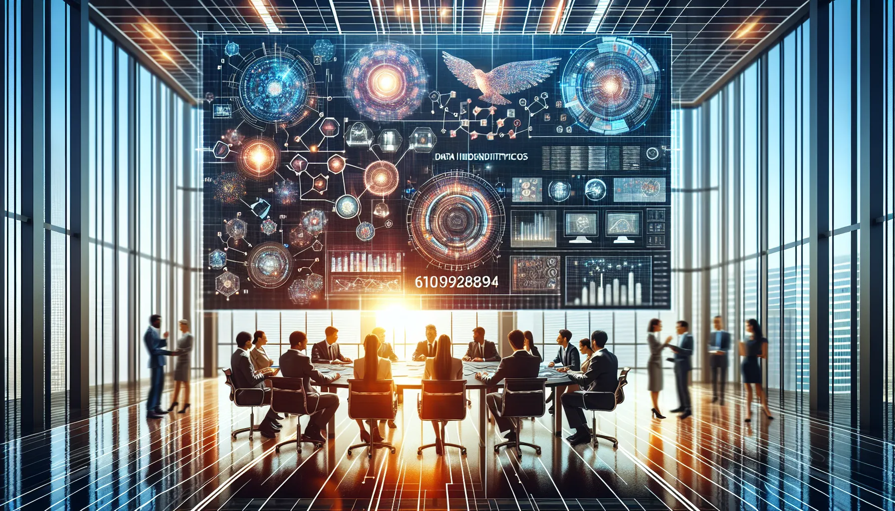 diverse professionals discussing data analytics in a modern office.